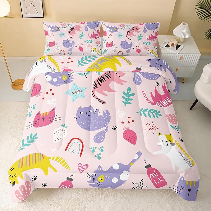 Kawaii Cats Comforter King Size,Pink Cats Kids Comforter Set,3Pcs Bedding Set Printed Comforter with 2 Pillowcases,Down Alternative,Soft and Lightweight,for All Seasons