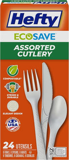 Hefty ECOSAVE Compostable Assorted Cutlery Set, Utensils for BBQs, Tailgates, Camping, Parties, & More, Includes 8 Forks, 8 Spoons, and 8 Knives, Compostable, Sustainable Design, 24 Count (Pack of 8)
