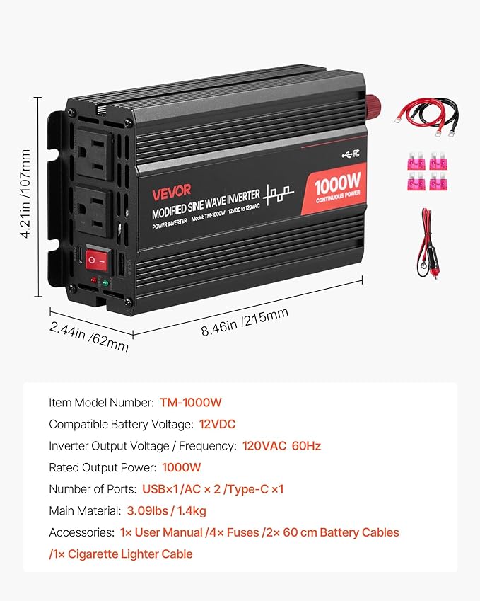 VEVOR 1000W Power Inverter, 12V DC to 120V AC Modified Sine Wave Inverter, Car Charger Converter with USB & Type-C Port, 2 AC Outlets, LED Indicator Light, Ideal for RV, Truck Outdoor Camping