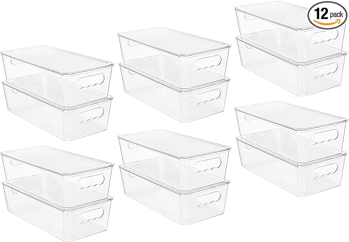 Vtopmart 12pcs Clear Organizers and Storage Bins with Lids, Stackable Plastic Storage Containers with Handles for Fridge, Freezer, Pantry, Cabinet, Kitchen Organization