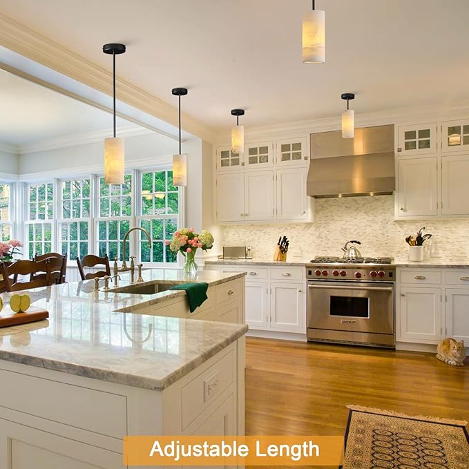Alabaster Pendant Light Kitchen Island, H-9.5in Black Pendant Light Fixtures with Natural Marble Shade, Adjustable Ceiling Pendant for Dining Room, Living Room, Bedroom & Bathroom
