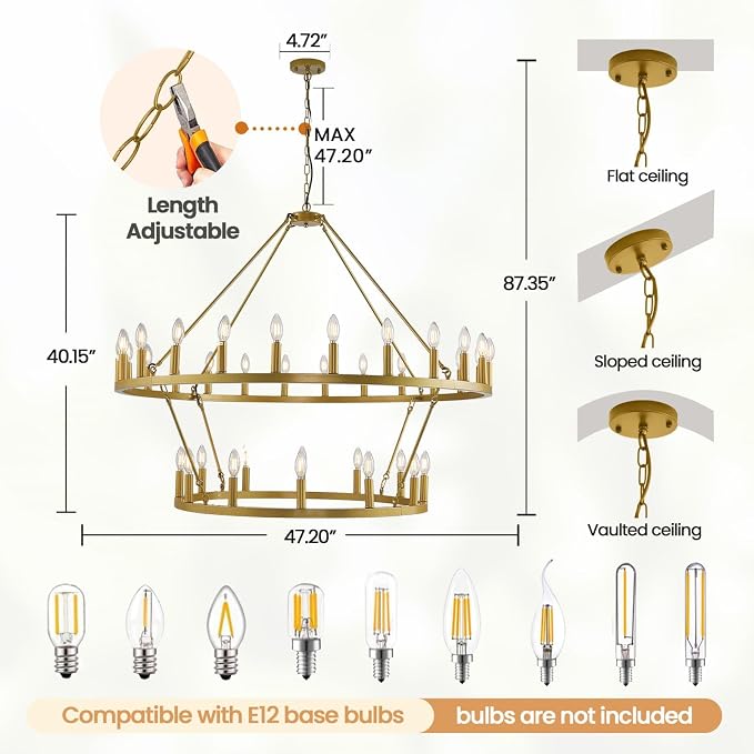 47 Inch Gold Wagon Wheel Chandelier,2 Tier 36-Lights Farmhouse Chandelier for Living Room,Round Rustic Dining Room Light Fixture,Extra Large Foyer Chandeliers for High Ceilings,for Staircase,Entryway