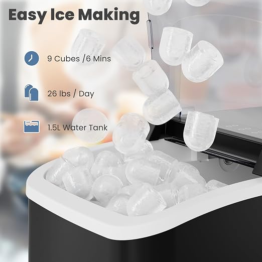 DUMOS Countertop Ice Maker with Handle, 26lbs/24H Portable Ice Machine, 9 Bullet Cubes Ready in 6 Mins, Self-Cleaning, Quiet Compact for Home, Kitchen, RV, Camping, Black