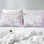 Erosebridal Dinosaur Comforter Set Queen Size, Kawaii Dinosaur Bedding Sets for Kids Girls Boys Gift Bedroom Decor, Cartoon Cute Animals Duvet Set,Palm Leaf Down Comforter, Green Purple Pink