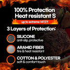 BBQ Gloves Heat and Flame Resistant Protection - Oven and Grill Gloves Hand Protection, Extended Wrist for Addtional Safety, Ideal for Outdoor Cooking, Grilling, Barbeque and Campfire (Grey)