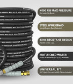 Pressure Washer Hose 50FT 4000 PSI, Kink Resistant Steel Braided Layer & NonMarking Rubber for Hot/Cold Water, High Power Washer Hose With 3/8 Inch Quick Connect & M22 Fitting, Black