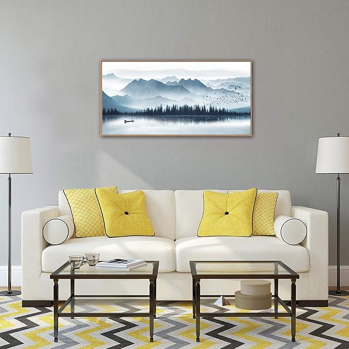Indigo Framed Canvas Wall Art Misty Mountain Wall Pictures Foggy Lake Boat Canvas Painting Prints Forest Birds Canvas Wall Decor for Living Room Bedroom Decorations Framed 20" x 40" Natural