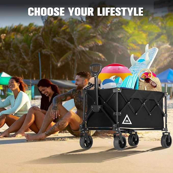 Wagon Cart Shopping Foldable Folding Collapsible with Wheels Big On Beach Garden Outdoor Grocery Heavy Duty Utility All Terrain Portable Wagons Carts for Groceries Sand Camping Sports Black