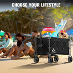 Wagon Cart Shopping Foldable Folding Collapsible with Wheels Big On Beach Garden Outdoor Grocery Heavy Duty Utility All Terrain Portable Wagons Carts for Groceries Sand Camping Sports Black