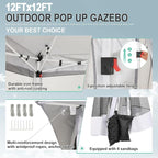 COBIZI 12x12 Pop up Gazebo on Clearance with Mosquito Netting,carpas para Patio Deals,Outdoor Canopy Tent with Portable Carrying Bag, Patio Gazebo for Garden Backyard, Lawn & Beach,Grey