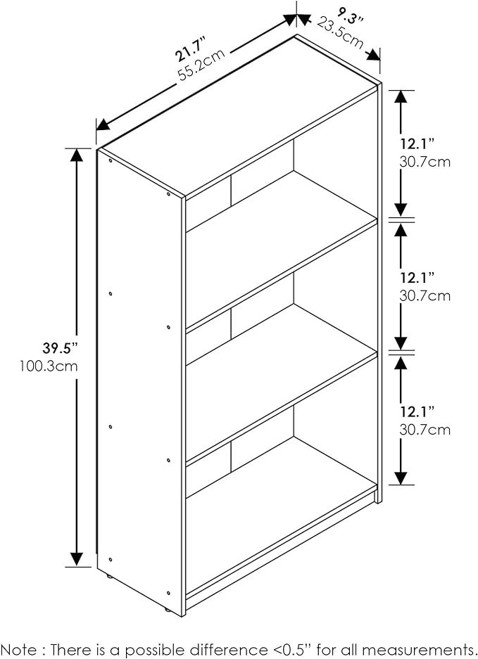 FURINNO Basic 3-Tier Bookcase Storage Shelves, Columbia Walnut