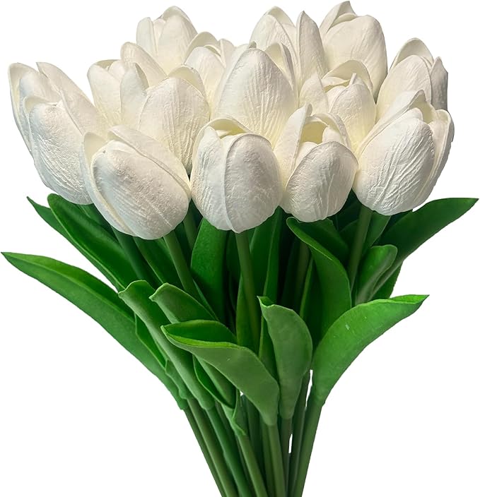 15pcs White Tulips PU Artificial Flowers Real Touch Fake Tulips for Spring Easter Home Kitchen Wedding Bouquet Bulk Mother's Gift Day Decorations
