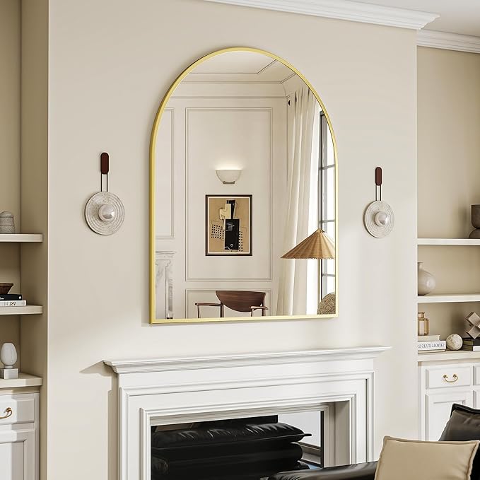 BEAUTYPEAK 32"x42" Arch Bathroom Mirror, Wall Mounted Vanity Metal Frame Mirror for Bedroom, Entryway, Living Room, Gold