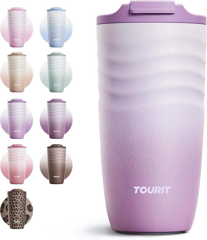TOURIT 16 oz Travel Coffee Mug, Vacuum Insulated Stainless Steel Tumbler with Ripple-Wave Anti-Slip Grip, Built-in Silicone Bottom for Quiet & Stable, Leak-Proof Lid, Fits Car Cup Holder, Lilac