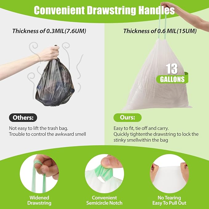 Large Trash Bags 13 Gallon Tall Kitchen Drawstring 100% Post-Consumer Recycled Garbage Bags Waste Bag for Office 0.6 Mil (110 Count)