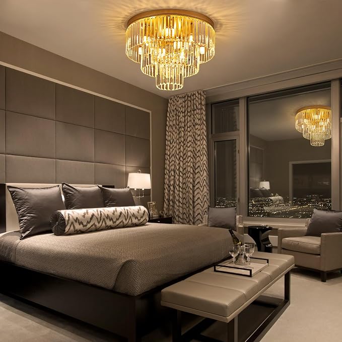 21.65" 10 Light Gold Crystal Ceiling Light for Dining Room | K9 Crystal, Stainless Steel, 3 Tier, E12 Base, Flush Mount, for Kitchen Island Living Room Bedroom Entryway