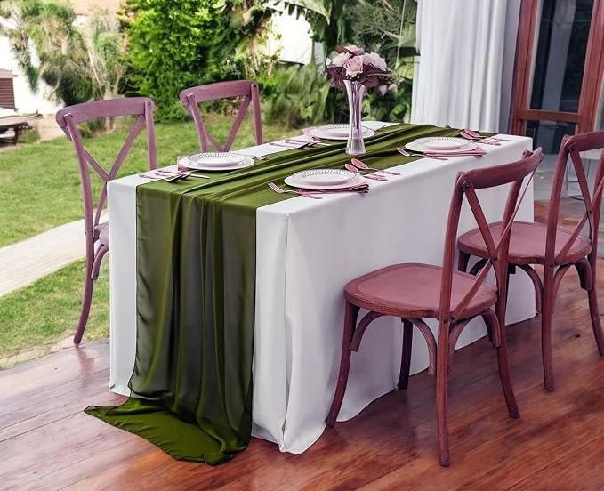 Pack of 25 | Olive Green | 10ft Chiffon Table Runner 29x120 Inches Long Romantic Rustic Sheer Gauze Runner for Wedding Bridal Shower Birthday Banquets Engagement Spring Easter Boho Decorations