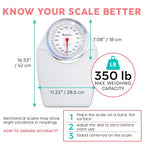 Adamson A24 Scales for Body Weight - Up to 350 LB - New - Anti-Skid Rubber Surface Extra Large Numbers - High Precision Bathroom Scale Analog - Durable with 20-Year Assurance - White