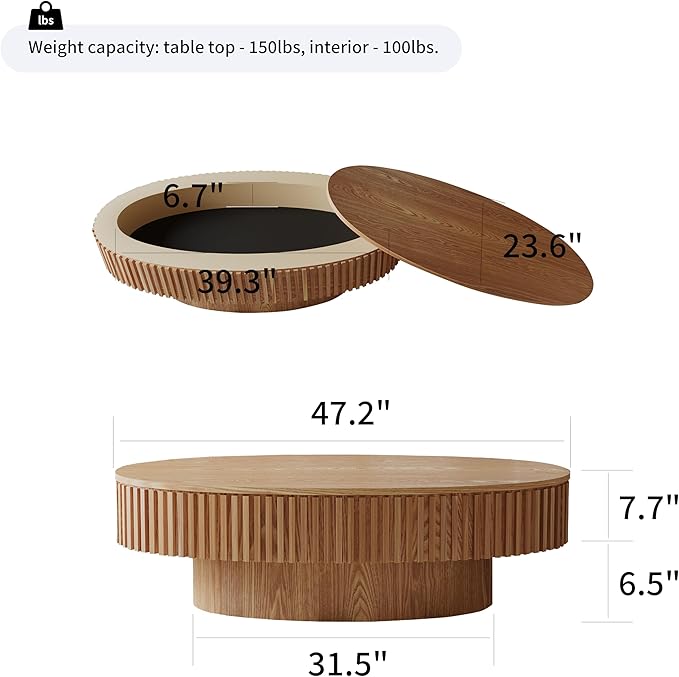 47.2''Oval Coffee Table with Storage, Mid Century Modern Drum Center Tables with Lid Fluted Solid Wood Side Coffee Table Pedestal Tea Table for Living Room, Bedroom, Apartmen-Natural