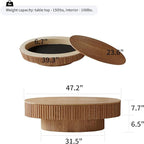 47.2''Oval Coffee Table with Storage, Mid Century Modern Drum Center Tables with Lid Fluted Solid Wood Side Coffee Table Pedestal Tea Table for Living Room, Bedroom, Apartmen-Natural
