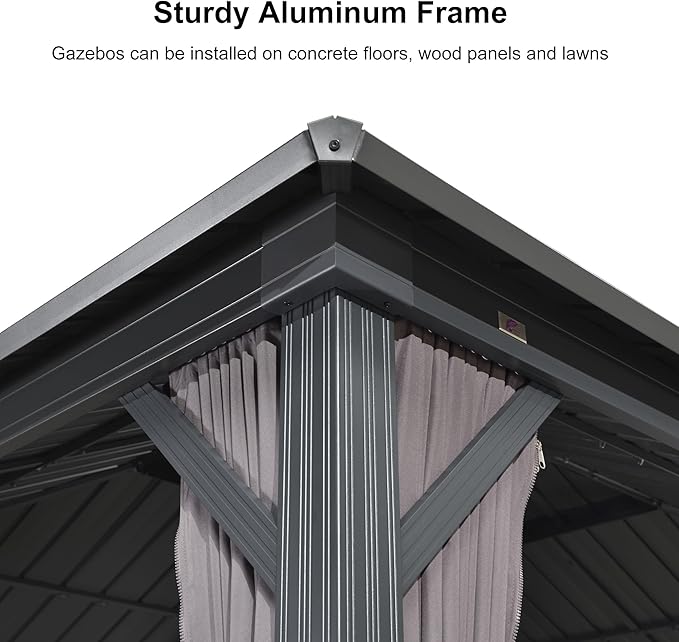PURPLE LEAF 12'x16' Hardtop Gazebo with Lights Permanent Aluminum Double Roof on Galvanized Steel Frame Outdoor Patio Gazebo Including Netting and Curtains for Backyard Lawn Garden Grey