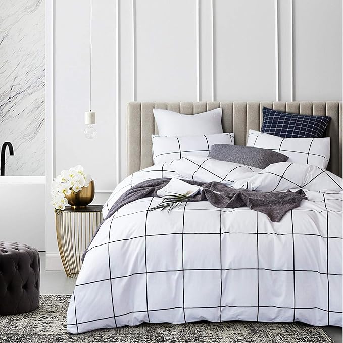 White Grid Comforter White Plaid Bedding Set Queen White Black Lines Printed Stripes Women Checkered Queen Comforters Bedding Set White Grid Comforter Set Queen
