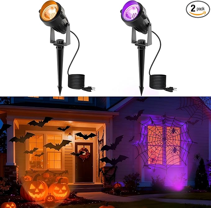 L LOHAS LED Halloween Orange and Purple Spotlights Outdoor, Auto On/Off 5W 120V Landscape Lighting for for House, Holiday, Trees, Decoration, 450LM IP66 Waterproof, UL Listed, 2 Pack