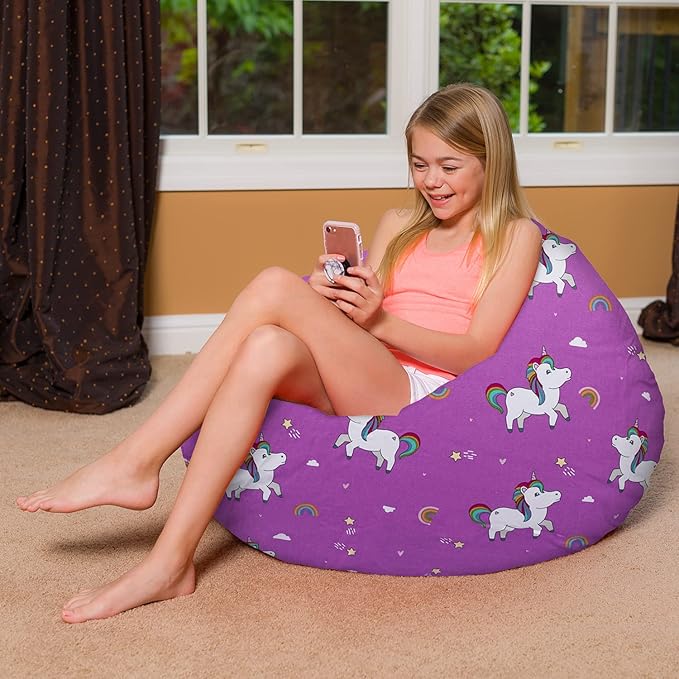 Posh Creations Bean Bag Chair for Kids, Teens, and Adults Includes Removable and Machine Washable Cover, 38in - Large, Canvas Unicorn and Rainbows on Purple