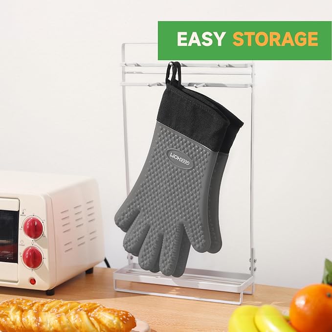 GEEKHOM BBQ Gloves Heat Resistant Oven Mitts - Silicone Grilling Gloves with 13.7" Arm Protection - Waterproof Pot Holder Non-Slip for Men & Women, Kitchen Outdoor Cooking, Baking, Camping, Light Gray