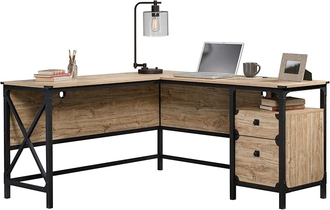 Sauder Steel River L-Shaped Desk, L: 59.84" x W: 57.32" x H: 29.53", Milled Mesquite Finish