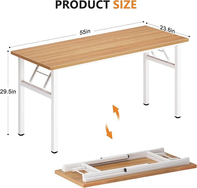 DlandHome 54.3 Inch Large Folding Computer Desk, Fully Assembled Teak White | Foldable Writing Table, Portable Activity Conference Table for Home Office, Wood Top Metal Frame, Collapsible Easy Storage