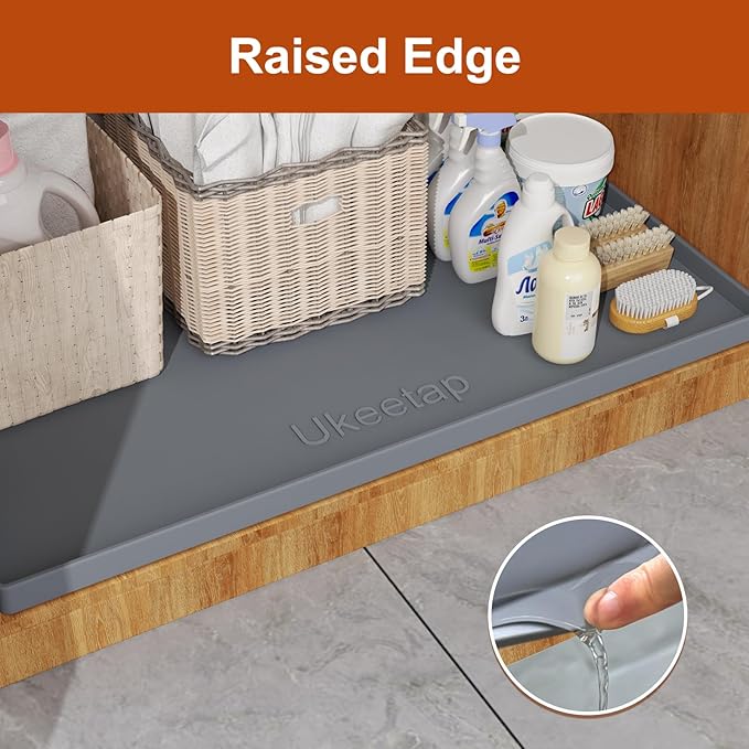 ukeetap 22" x 19" Extra Thick Silicone Mat Waterproof with Raised Edge, Under Sink Mat for Kitchen & Bathroom, Kitchen Cabinet Liner, Multi-Purpose for Storage & Protection, Gray