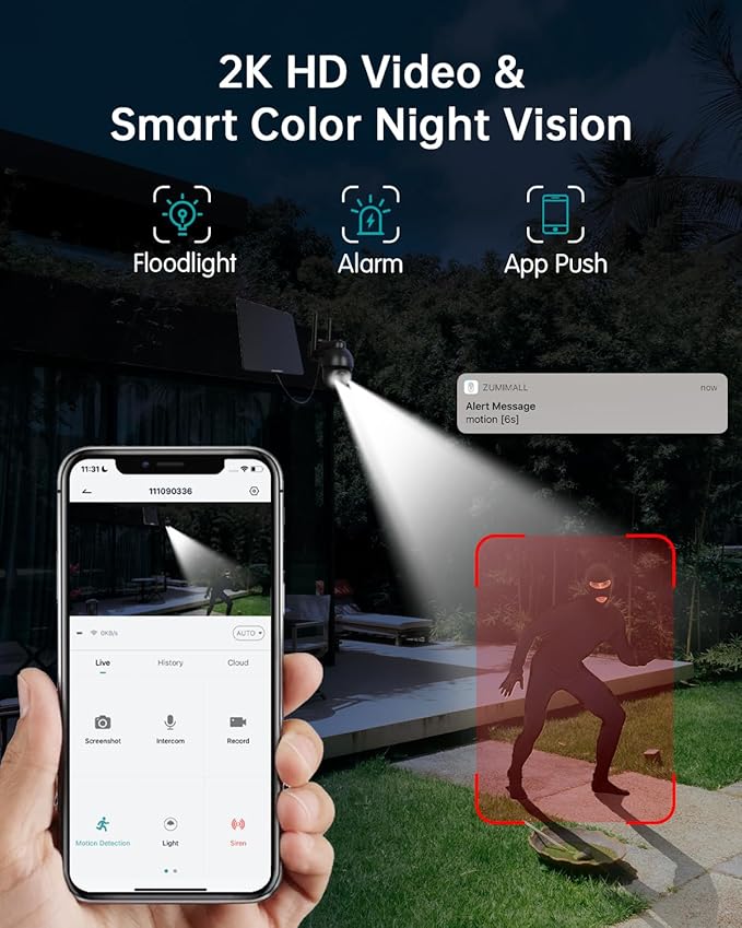ZUMIMALL 4G LTE Cellular Solar Security Camera Wireless Outdoor, 2K No WiFi Security Camera Solar Powered with Color Night Vision, 2-Way Talk, Motion Alert, Cloud, SIM Included（US Version）