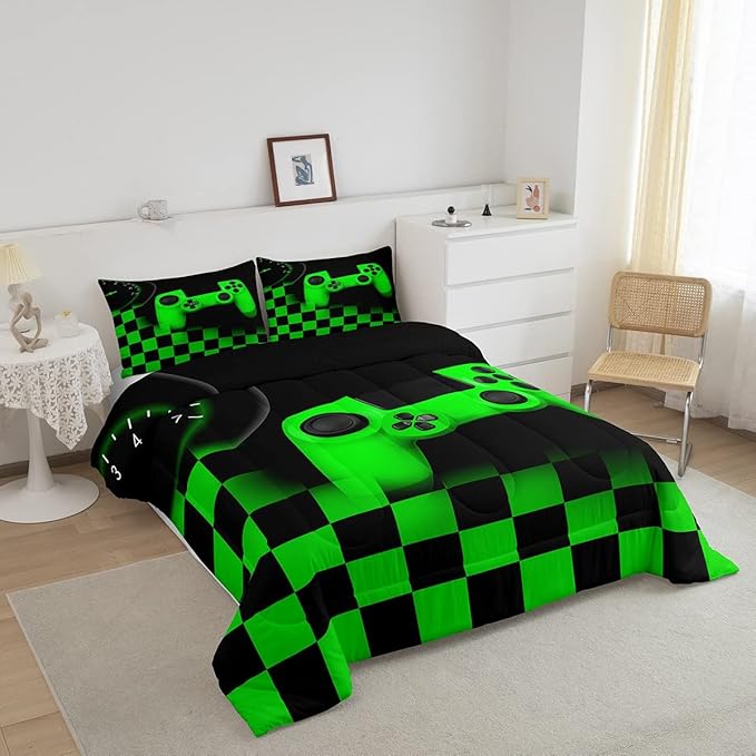 Gamer Comforter Set for Boys Home Decor Full 3pcs,Green Buffalo Plaid Check Novelty Bedding Set Microfiber Soft,Game Reversible Warm Duvet Insert,Gaming Gamepad Down Comforter with 2 Pillowcases