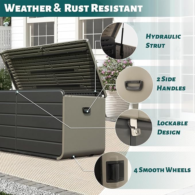 CHUNLY 200 Gallon Resin Deck Box, Large Patio Storage Box with Lock, Wheels & Waterproof Lid for Outdoor Cushions, Garden and Pool Supplies (Gray)
