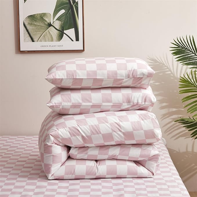 Pink White Grid Comforter Set Twin Pink Plaid Bedding Set Girls Pink and White Checkered Bed Comforter Set Breathable Blanket Set Kids Durable Bedding Comforter Set