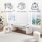 3-Piece 53" Comfy Upholstered Dining Bench with 2 Ottomans, Accent Waterfall Bench Modern End of Bed Entryway Bench Vanity Stool, White Chenille