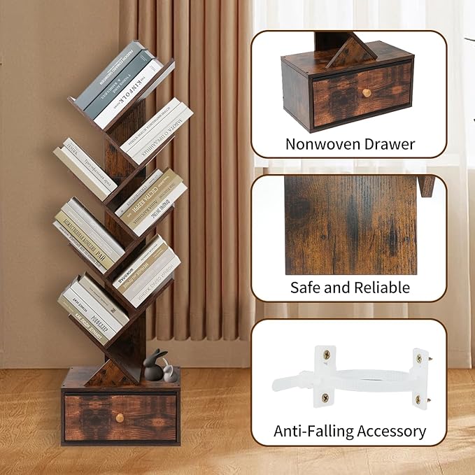 8-Tier Bookshelf Tree Bookshelf Book Tree with Drawer Wooden Bookshelves Storage Rack for CDs/Books, Shelves for Bedroom, Living Room & Office (Rustic Brown)