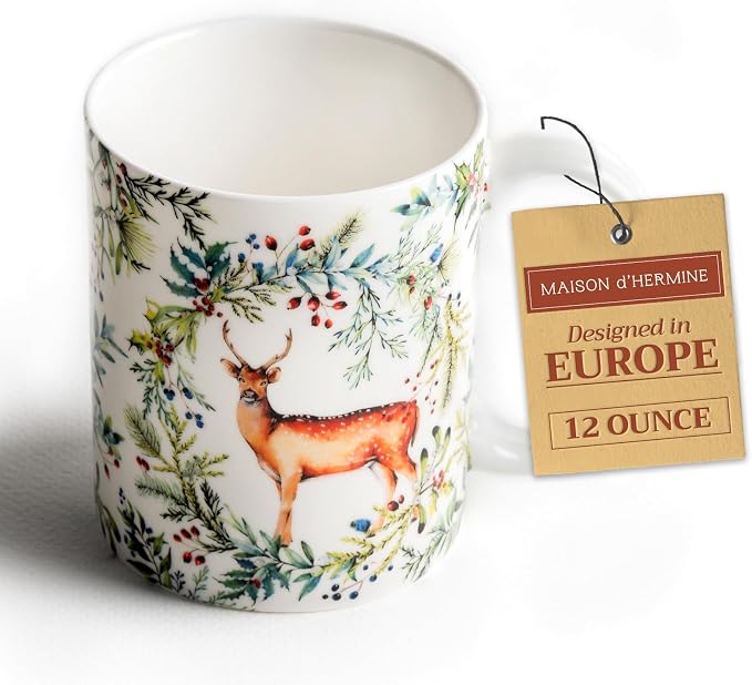 Maison d' Hermine Coffee Mug with Handles Tea Cups (12 Ounce, Pack of 1) | Fine Bone China Coffee Mugs for Hot Beverages Cappuccino Latte Home Restaurant Hotel Spring Summer -Holly Time - Biche