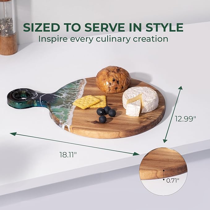 Acacia Wood Serving Board with Ocean Resin Art, 18.1" x 13" Charcuterie Cheese Tray for Display & Prep, Cutting Board on Back, Includes Stand & Loofah, Christmas Housewarming Gift (Round)