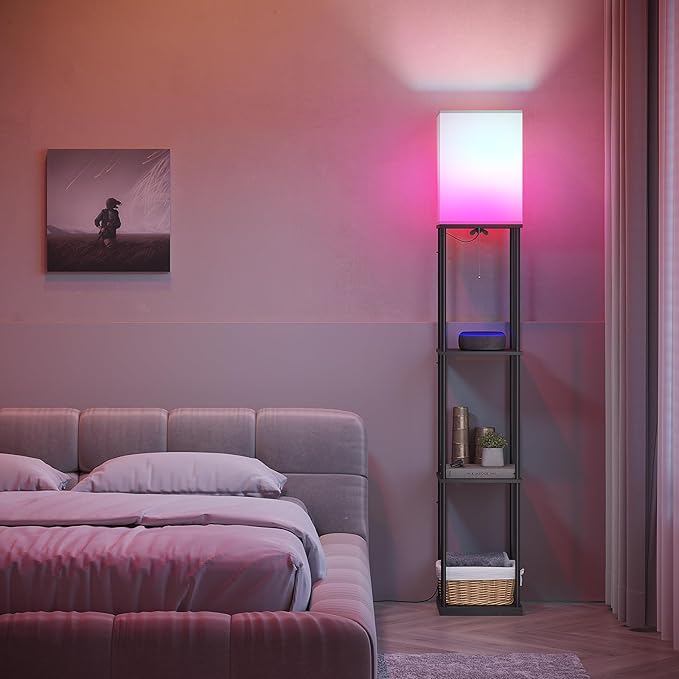 SUNMORY Floor Lamp with Shelves, Smart APP Control Standing Lamps with RGB Bulb, 4-Tier Dimmable Floor Lamps for Living Room, Tall Lamp for Bedroom, Office, Corner Display Bookshelf Lamp