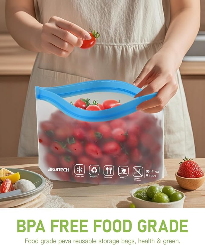 IDEATECH 8Pack Gallon Bags Dishwasher Safe, Leakproof Reusable Gallon Freezer Bags, BPA Free Reusable Gallon Bags, Food Storage Bags for Meats, Sandwich, Travel (8Gallon, Colored)