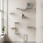 NUNU LAB Cat Wall Shelves, 6 Pcs Luxury Wall-Mounted Cat Climber Set, Indoor Cat Furniture with 1 Condos House, 2 Cat Wall Shelves, 1 Scratching, 1 Bridge Ladder, 1 Scratching Pad, Light Grey