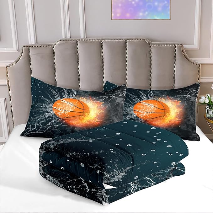 Basketball Comforter Set Queen, Sports Basketball Bedding 3 Pieces(1 Basketball Comforter 2 Pillowcases) Ice Flame Basketball Comforter Set Sport Microfiber Bedding Set for Boy Kids