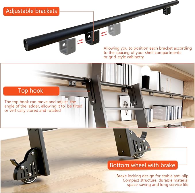 DIYHD 96" Rolling Library Ladder with Handrail, 4FT Sliding Rail, Black | 8-Step lightweight ladder with space-saving upright storage, Telescopic top hooks, Locking bottom rollers, 300lbs capacity