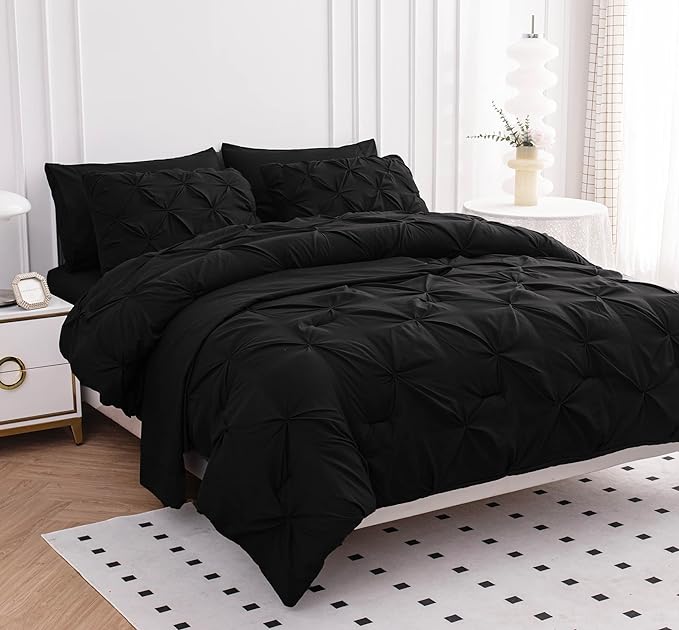 LANE LINEN Bedding Comforter Set for Split King Mattress, Soft 8 Piece Split King Bed in a Bag with 1 King Comforter, 1 King Size Flat Sheet, 2 Twin XL Fitted Sheets, 2 Pillowcases & 2 Shams - Black