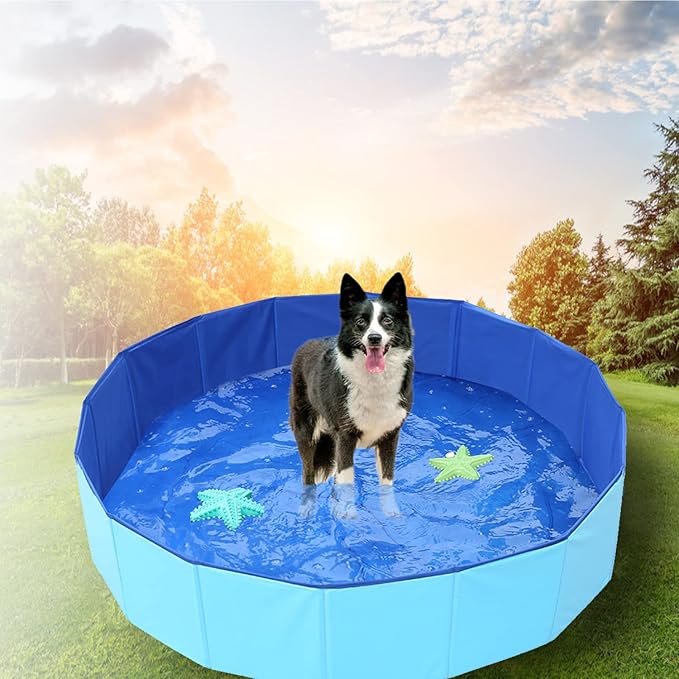 Foldable Pet Dog Kids Swimming Pool(40'' x 12''),Plastic Anti-Slip PVC Bathing Tub Swimming Pool Durable Fiberboard Kiddie Pool Blue