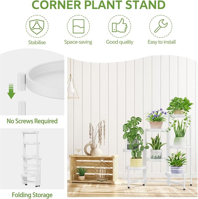 iDavosic.ly 7 Tier Large Plant Stand Indoor, 10 Inch Wide Tall Corner Metal Plant Stands Outdoor for Multiple Plants, Folding Tiered Flower Display Holder Rack Shelf, White