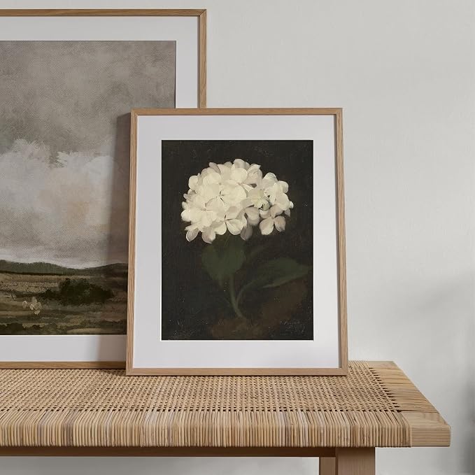 XOCUUI Unframed Vintage Wall Art for Living Room, Flowers Painting Canvas Prints Shelf Decor for Kitchen, Aesthetic Bedroom Wall Art, Christmas Gifts for Friends or Family (White Hydrangea 11"x14")