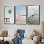 Tinonedraw Large Ocean Beach Framed Canvas Wall Art, Summer Coastal Surfboard Wall Decor, Palm Tree Pink Car Artwork, Modern Surfing Seascape Art Prints for Living Room Bedroom Office 16"x24"x3